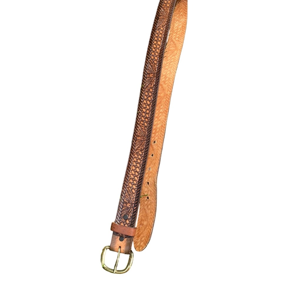 Vintage Brushy Creek Brown Leather Western Belt‎ 38 Eagle Basketweave USA Cowboy